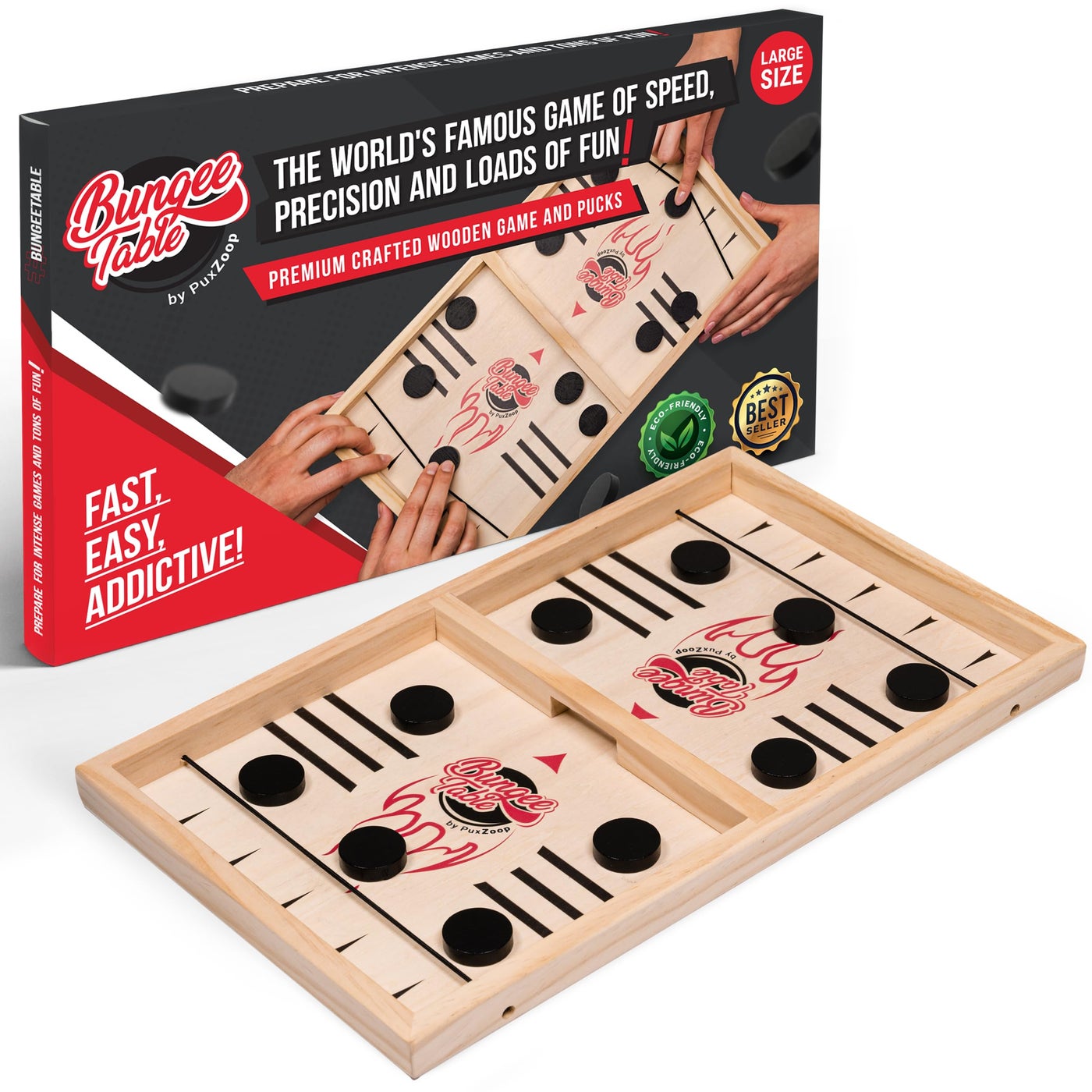 Bungee Table Fast Sling Puck Game - Large Size - Test Your Speed and Accuracy with This Fast-Paced Wooden Air Hockey Board Game - Guaranteed Fun for Family Night or Friends Party